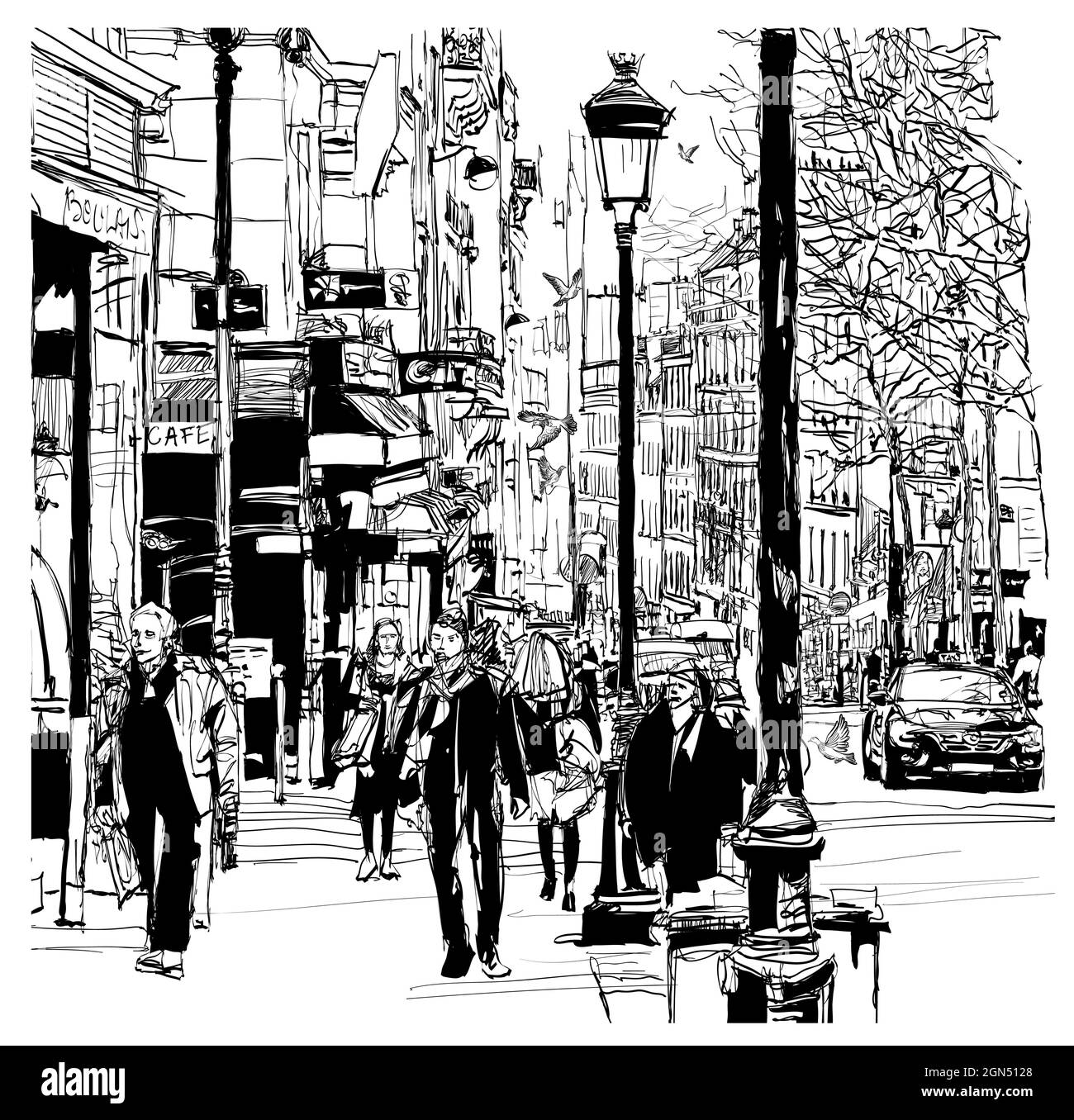 Rue à Paris avec piétons - illustration vectorielle Illustration de Vecteur