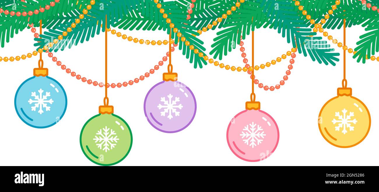 Décoration de Noël et du nouvel an, guirlande d'arbres de noël répétée avec boules et perles, motif horizontal, vecteur Illustration de Vecteur
