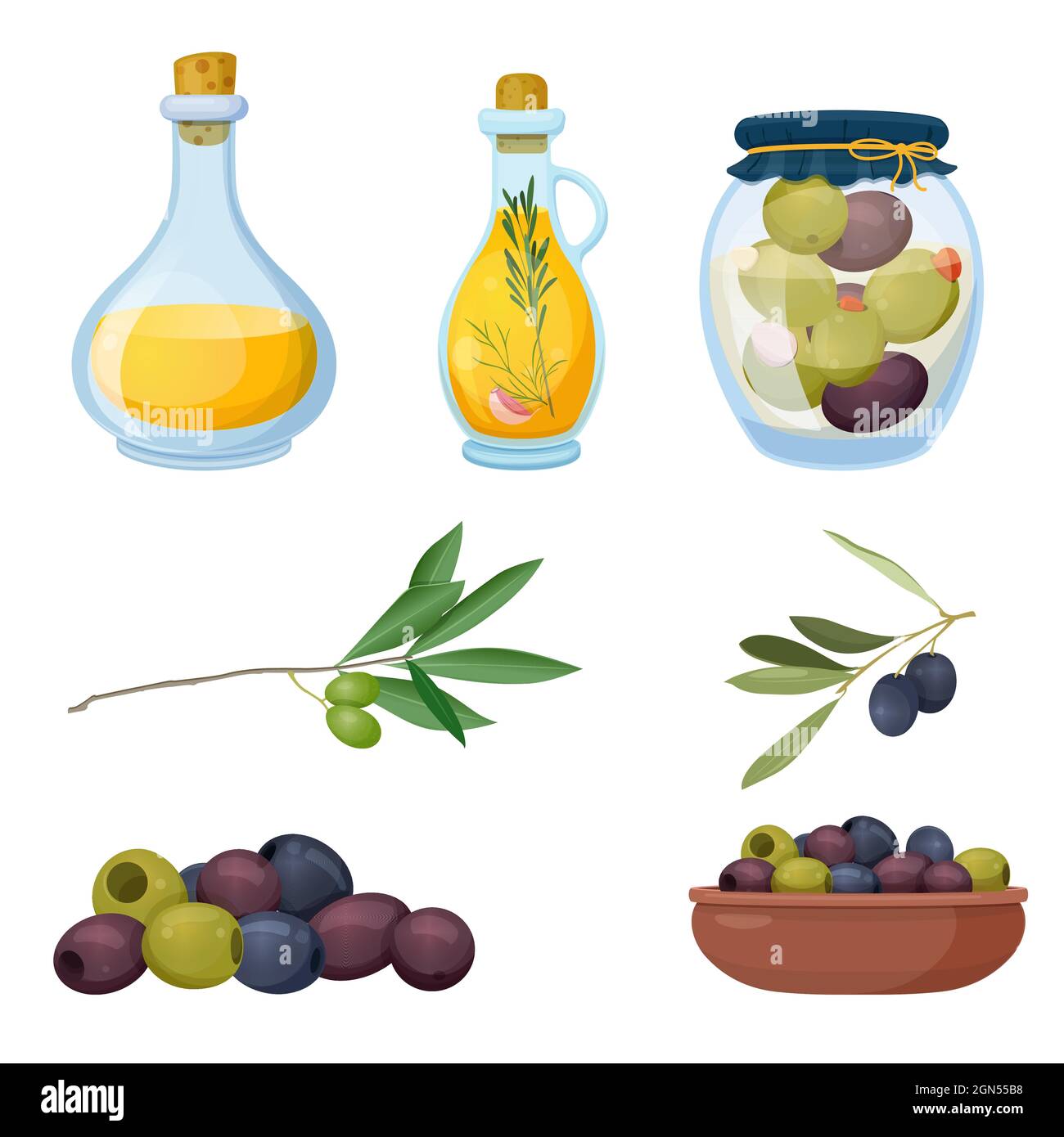 Ensemble de produits d'olive sur fond blanc Illustration de Vecteur
