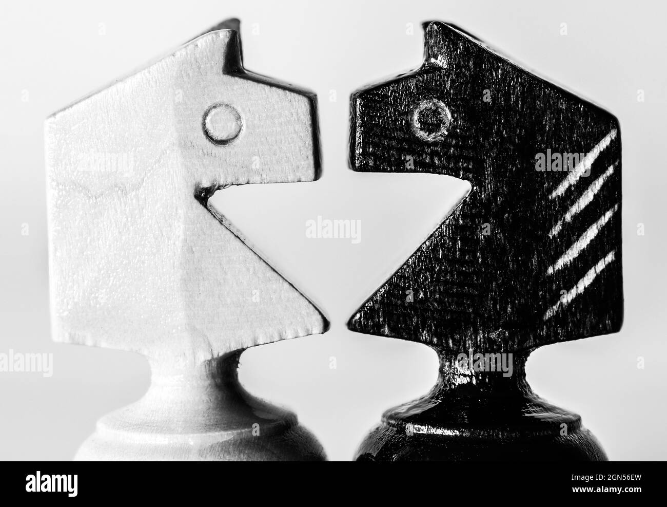 Chevaliers blancs et noirs pièces d'échecs sur fond blanc debout devant l'un l'autre comme concept face à face Banque D'Images