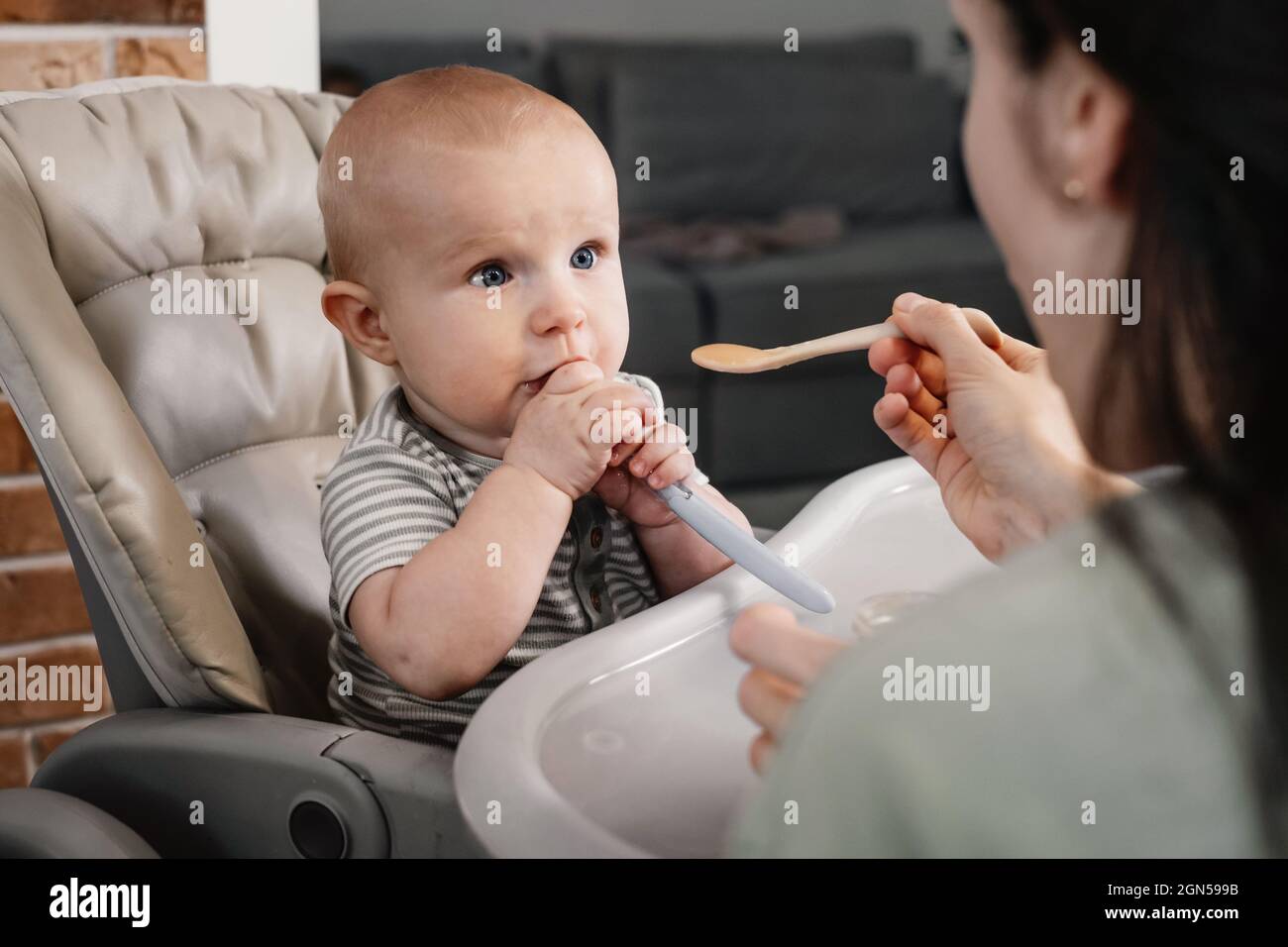 Mère donnant de la nourriture à bébé garçon, pure à partir d'une cuillère  dans une chaise haute à la maison. Alimentation complémentaire du nourrisson.  Joyeux enfant attendant le repas, apprenant à manger