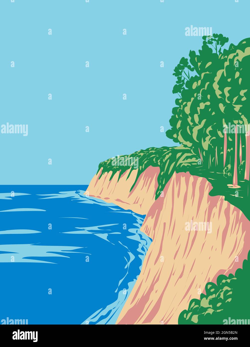 Parc national de Jasmund avec falaises de craie sur la péninsule de Jasmund en Allemagne, affiche art déco WPA Banque D'Images