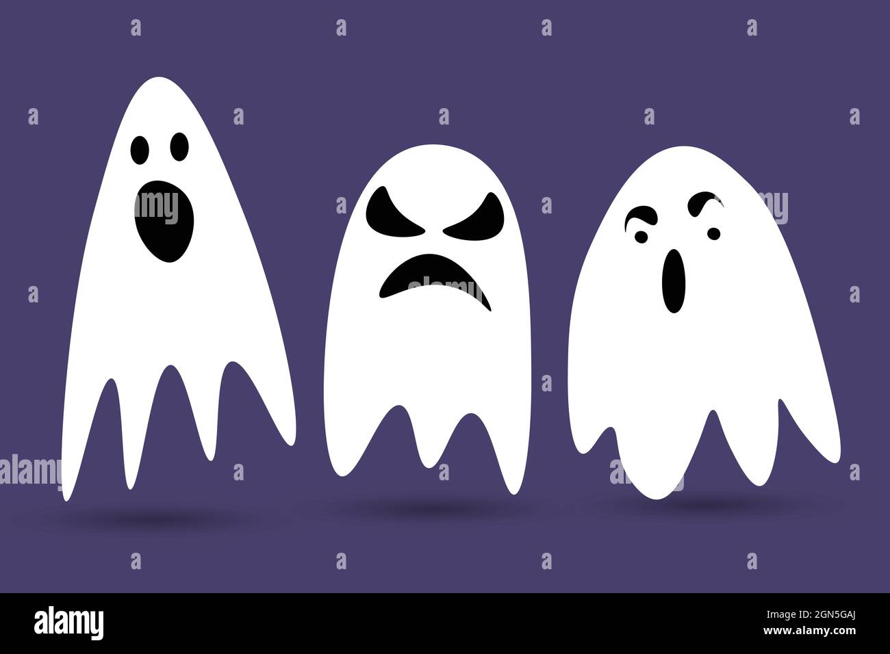 Fantômes d'Halloween mignons. Fantôme drôle effrayé avec des émotions différentes. Ensemble d'icônes isolées sur fond violet. Illustration vectorielle de dessin animé. Illustration de Vecteur