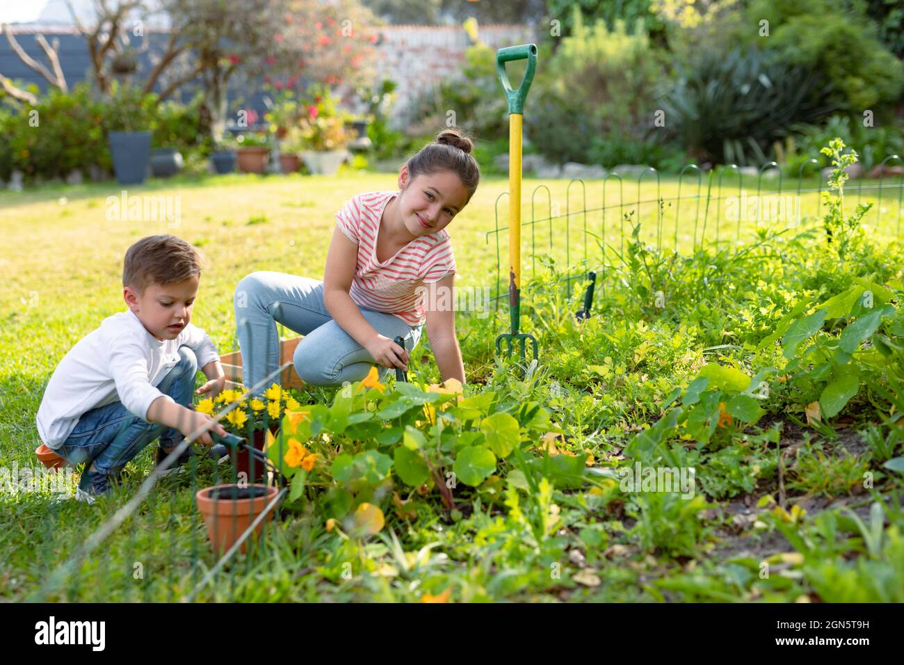 Bonne sœur caucasienne et frère jardinage ensemble Banque D'Images