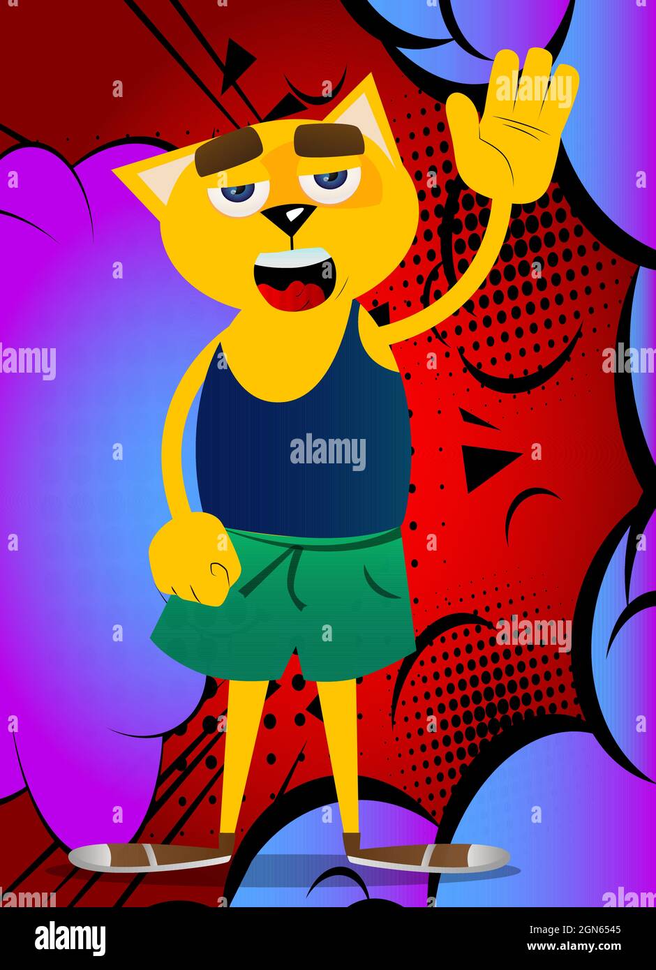 Drôle de chat de dessin animé avec la main de la main de la main. Illustration vectorielle. Jeune chaton aux cheveux orange et jaune mignon. Illustration de Vecteur