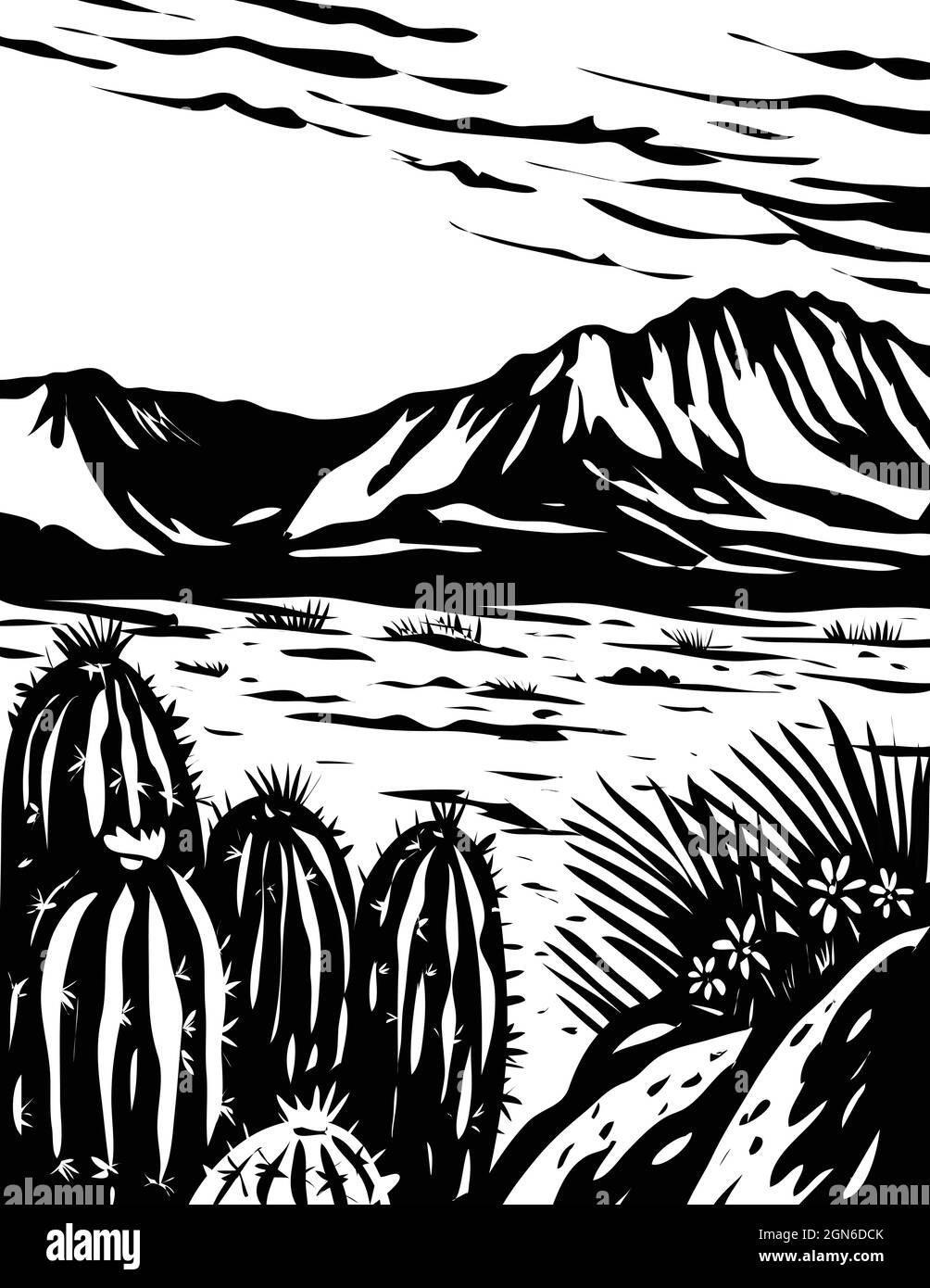 L'art de l'affiche en bois WPA du désert de Chihuahuan dans le parc national de Big Bend situé dans l'ouest du Texas États-Unis frontière du Mexique fait en travaux administration de projet Illustration de Vecteur