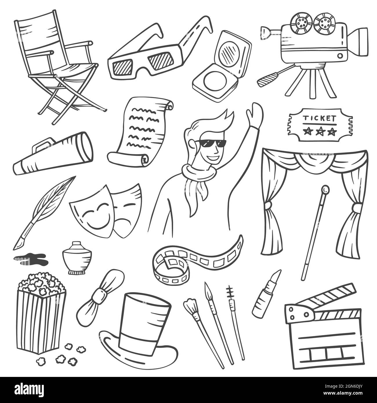 les emplois d'acteur ou d'artiste ou la profession doodle des collections de jeux dessinées à la main avec un dessin vectoriel de style noir et blanc Banque D'Images
