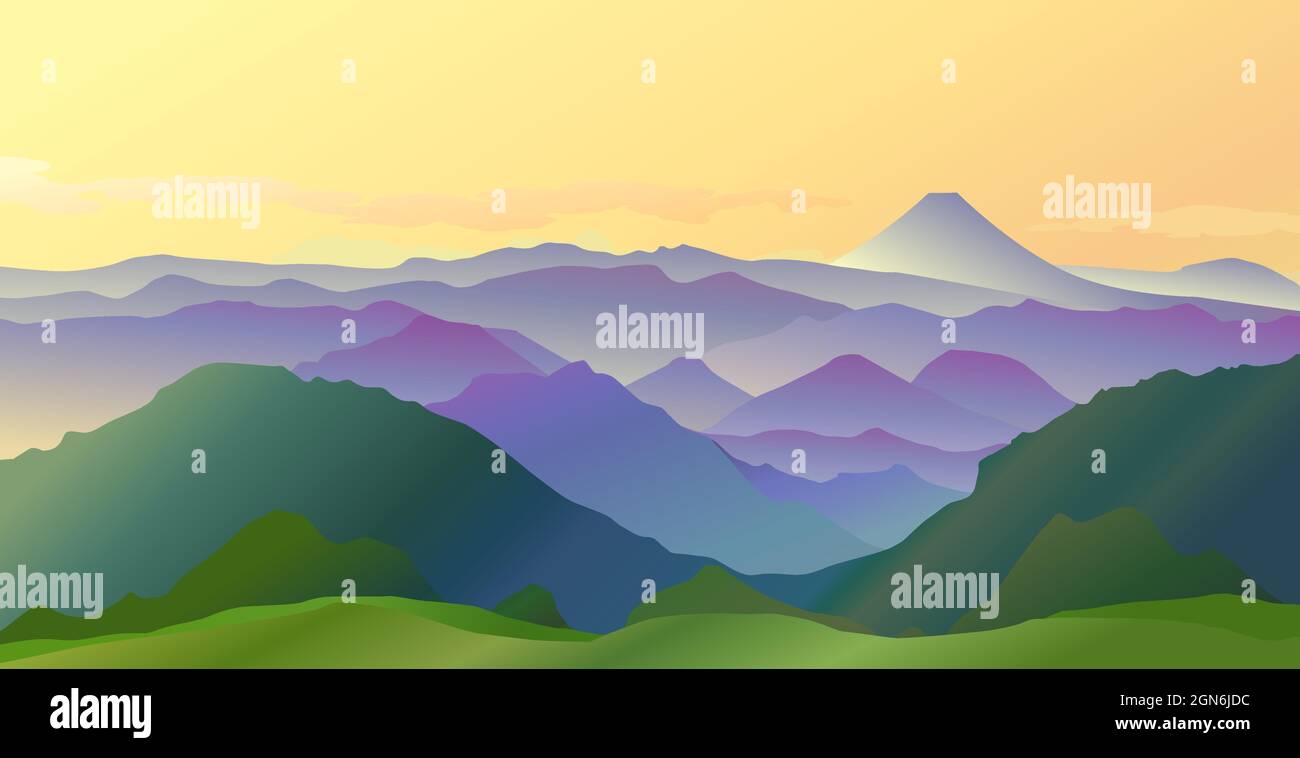 Collines vertes et colorées dans le brouillard et la lumière du soleil avec la montagne Fuji et le ciel jaune le matin Illustration de Vecteur