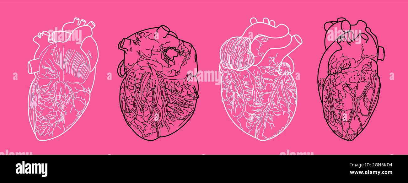 Quatre lignes de beaux-arts du cœur physique de différents côtés en dessin blanc et noir Illustration de Vecteur
