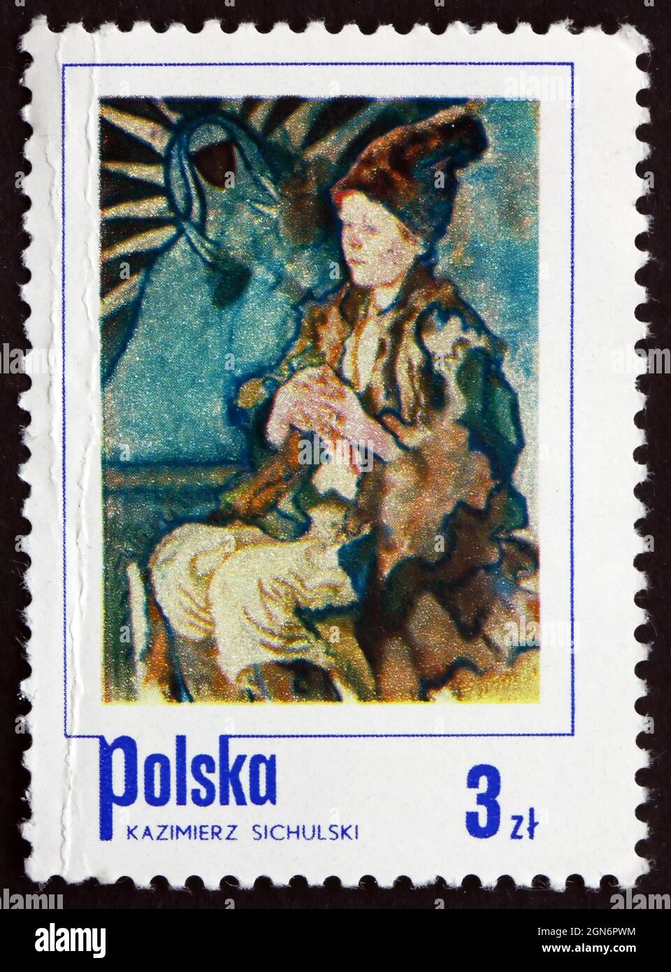 POLOGNE - VERS 1974: Un timbre imprimé en Pologne montre le petit garçon paysan, peinture par Kazimierz Sichulski, vers 1974 Banque D'Images