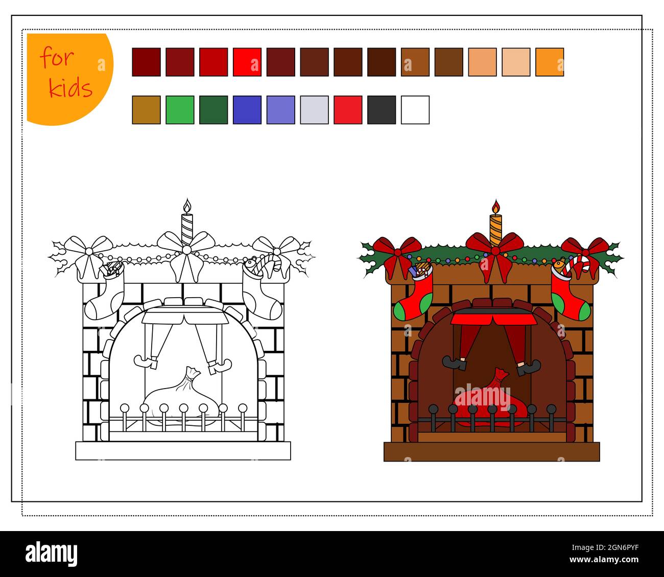 Un livre de coloriage pour les enfants, une cheminée décorée pour Noël, et le Père Noël est coincé dans la cheminée de la cheminée. Vecteur isolé sur un dos blanc Illustration de Vecteur