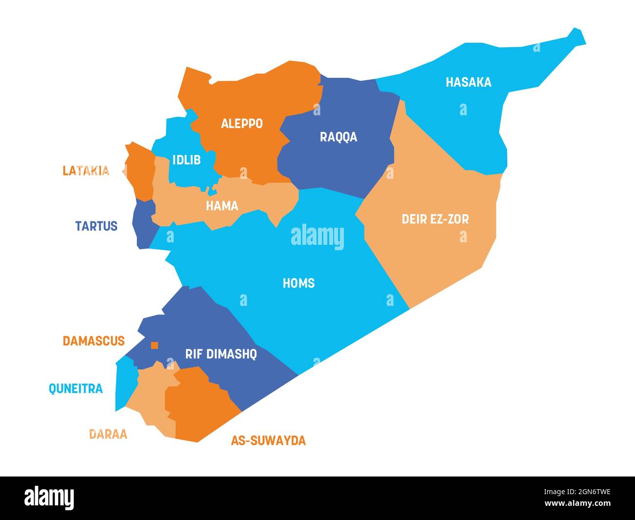 Carte politique colorée de la Syrie. Divisions administratives - gouvernorats. Carte vectorielle plate simple avec étiquettes. Illustration de Vecteur