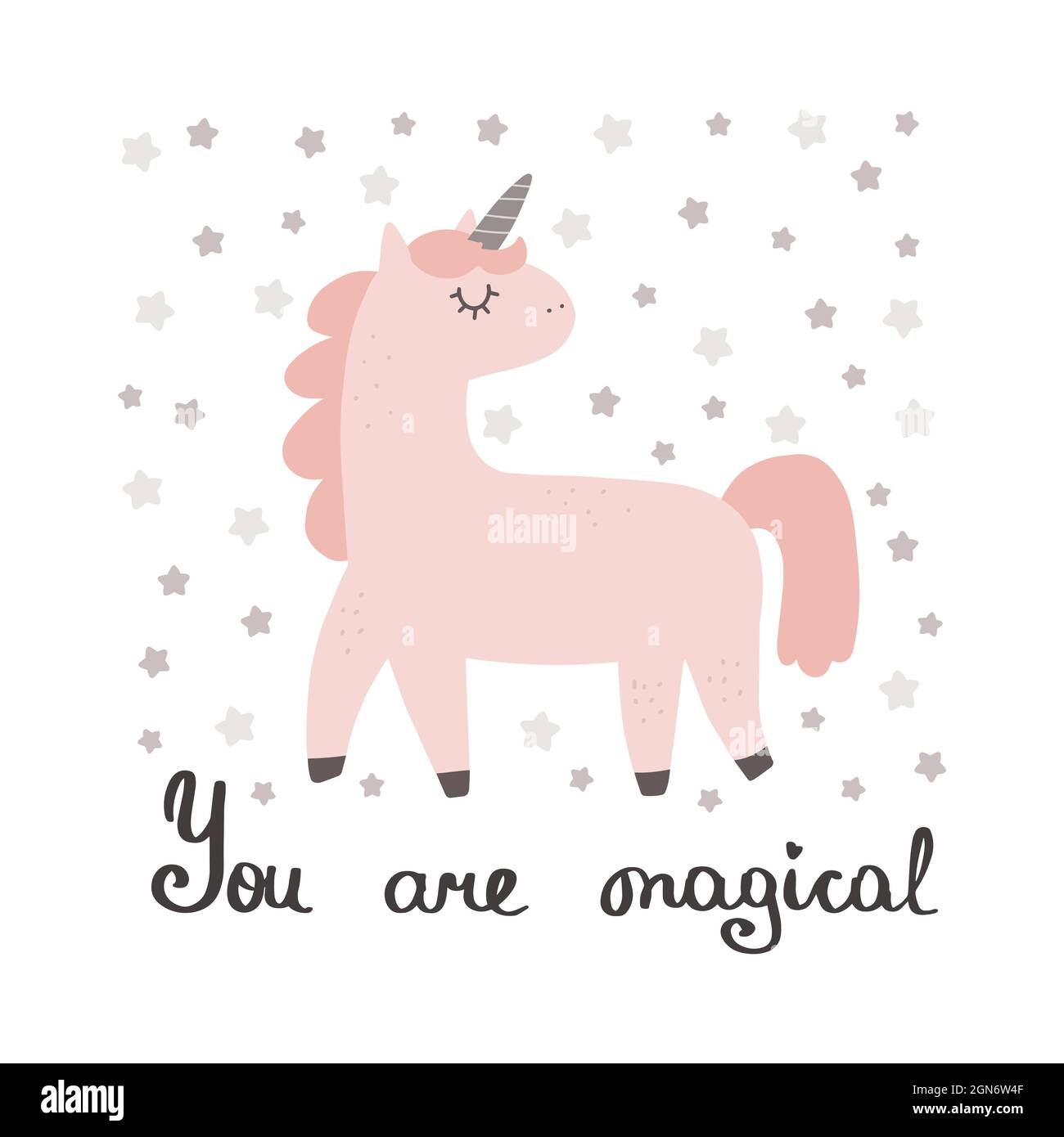 Cute unicorn avec texte graphique - vous êtes magique, drôle et coloré poney personnages dessins. Scénario drôle lettrage, dessin scandinave à la main illustrati Illustration de Vecteur