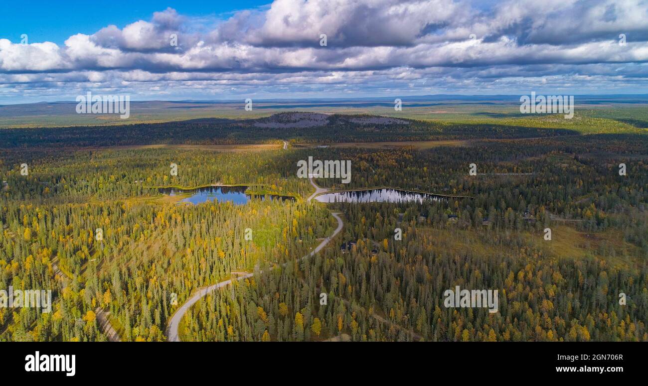 Forêt feuillages, collines, route et chalets Banque D'Images