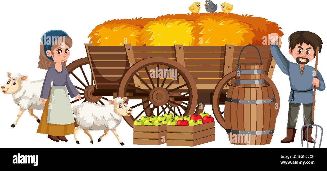 Couple de paysans médiévaux avec haystack dans une illustration de chariot Illustration de Vecteur