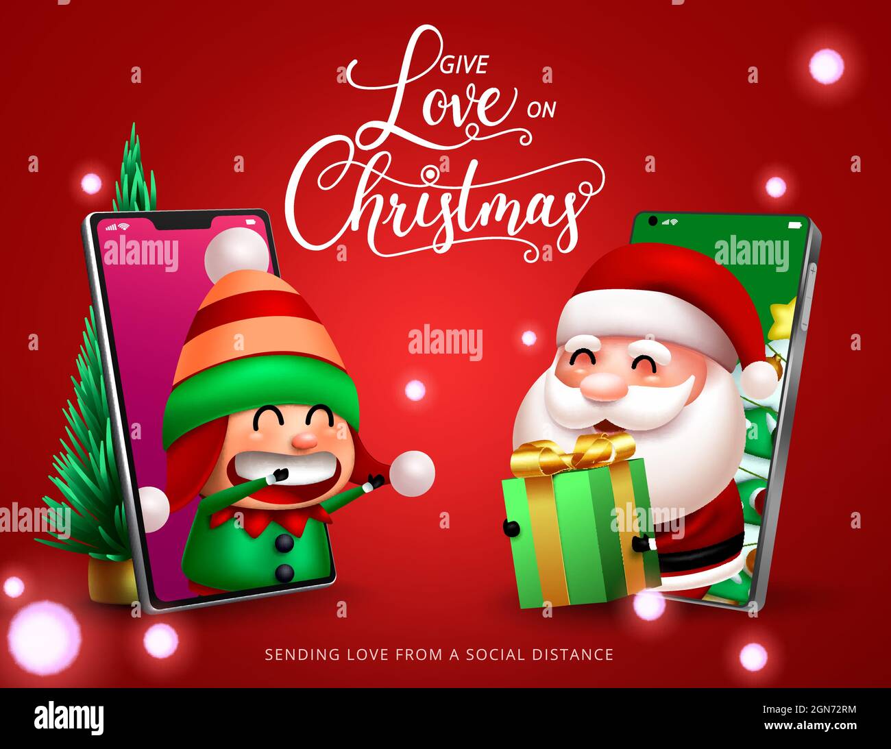 Cadeau de Noël à motif vectoriel personnages. Donnez l'amour le jour de noël  texte avec le Père noël virtuel et le joli elf personnage dans le téléphone  mobile Image Vectorielle Stock -