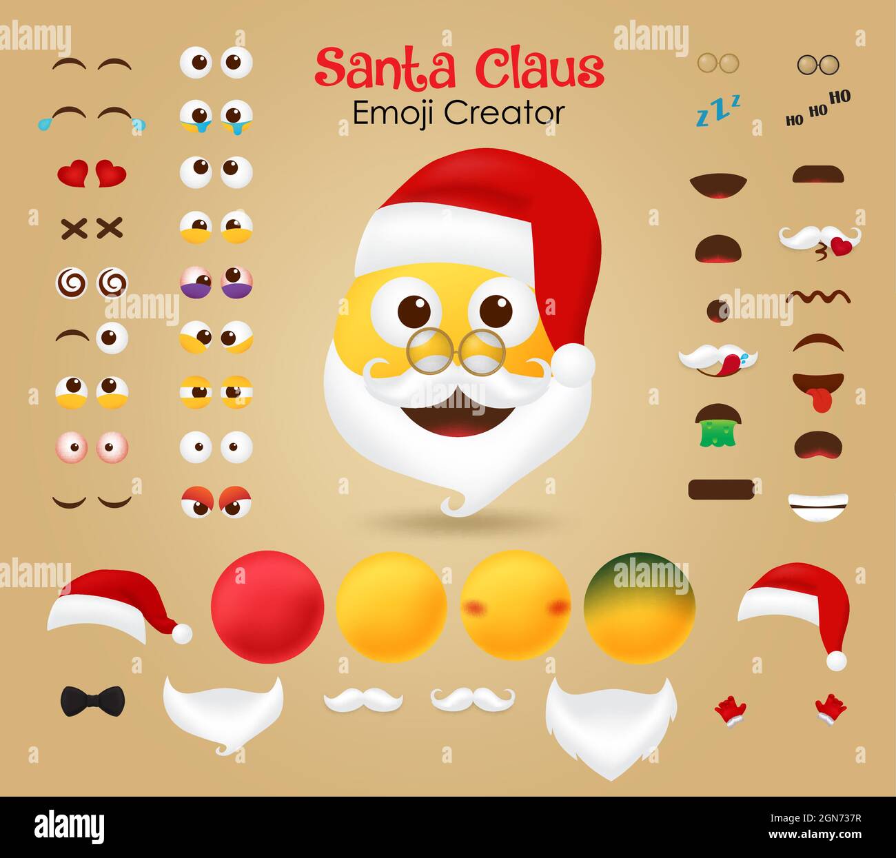 Ensemble de vecteurs de créateur émoji du Père Noël. Kit modifiable de personnage de noël de visage, d'yeux et de bouche dans différentes expressions faciales pour émoticone. Illustration de Vecteur