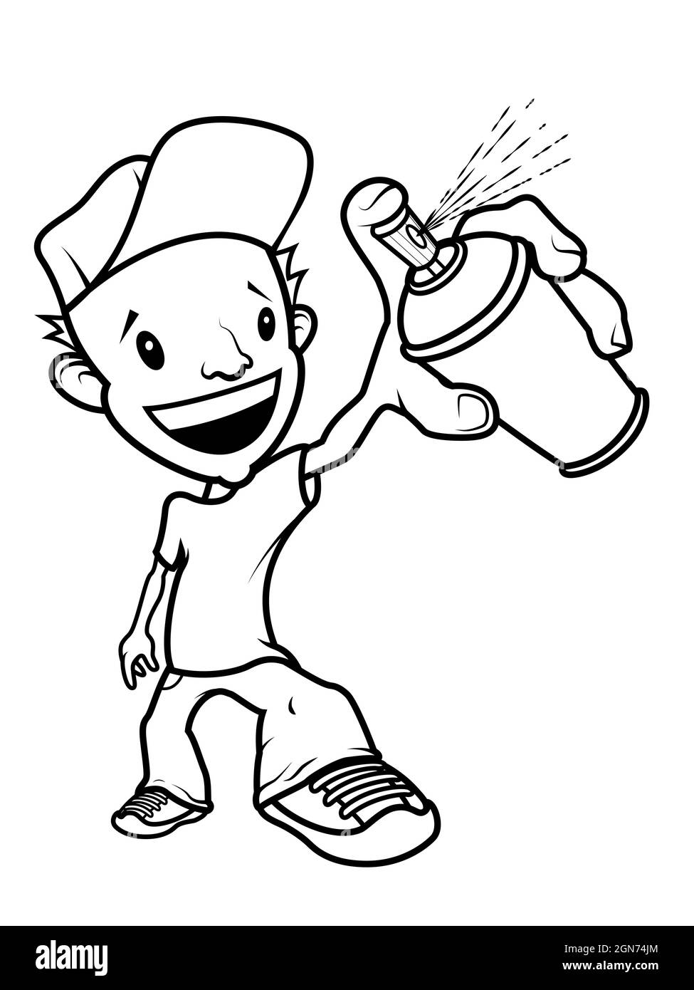 Personnage d'écrivain de graffiti de dessin animé souriant avec un spray de peinture sur la main. Ligne noire sur fond blanc. Illustration de Vecteur