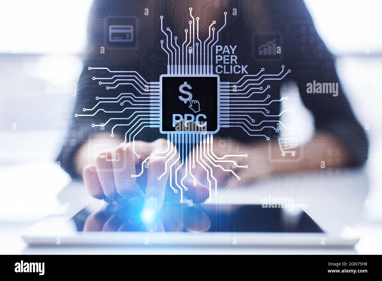 PPC payer par clic technologie de paiement numérique marketing Internet business concept sur écran virtuel. Banque D'Images