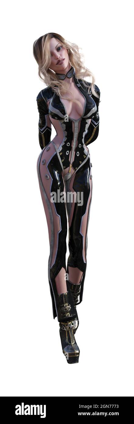 illustration 3d d'une femme aux cheveux blonds de miel dans une forme ajustée body avec sa tête inclinée sur un fond blanc. Banque D'Images