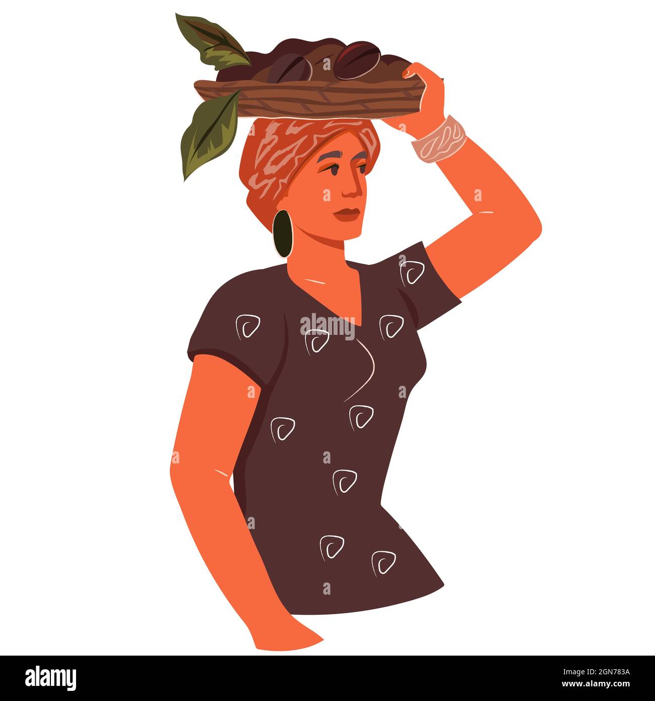 Belle femme tenant un panier de grains de café, dessin à la main illustration vectorielle plate isolée sur fond blanc. Sachets de café et produits aromatisés e Illustration de Vecteur