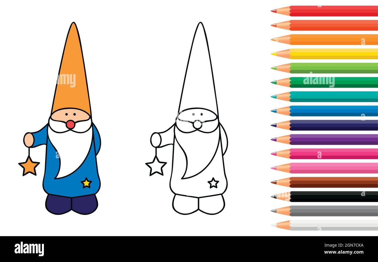 joli nain pour livre de coloriage avec crayons Illustration de Vecteur