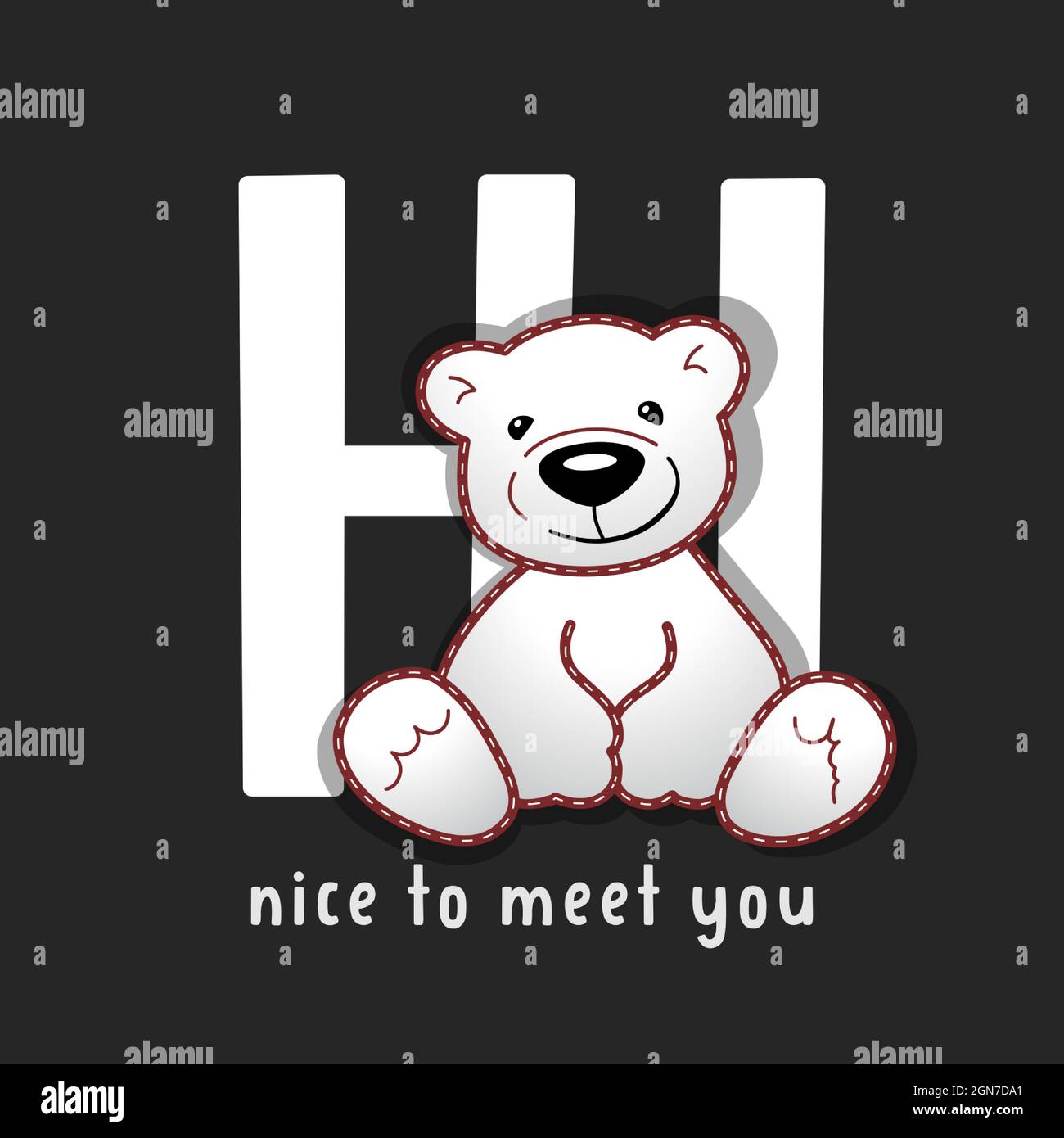 Texte « Hi Nice to Meet You » avec toy Bear. Сute illustration de poupée d'ours en peluche Vector avec texte sur fond noir Illustration de Vecteur