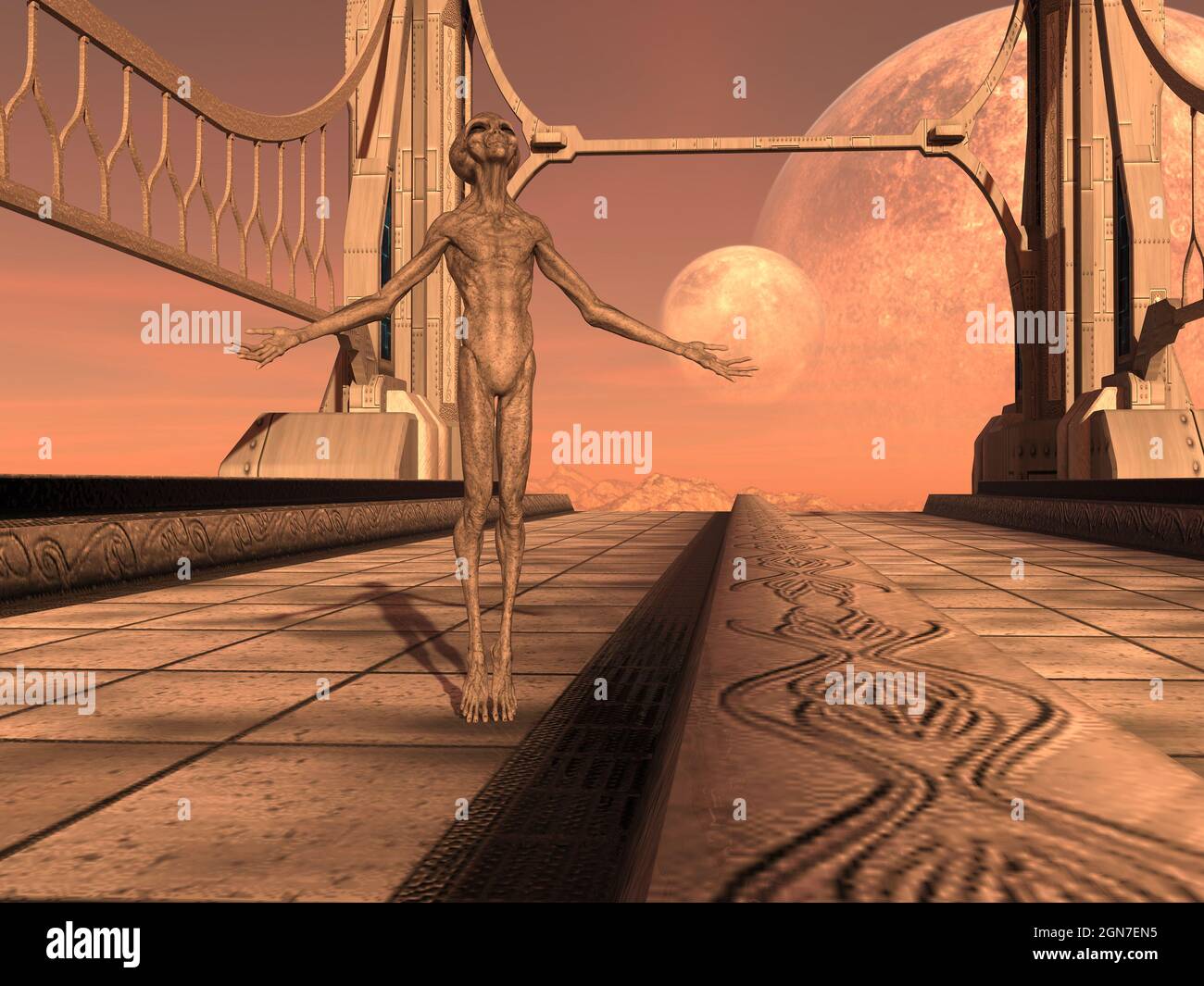 illustration 3d d'un étranger gris penché en arrière avec les bras séparés tout en regardant vers le haut sur un monde extraterrestre. Banque D'Images