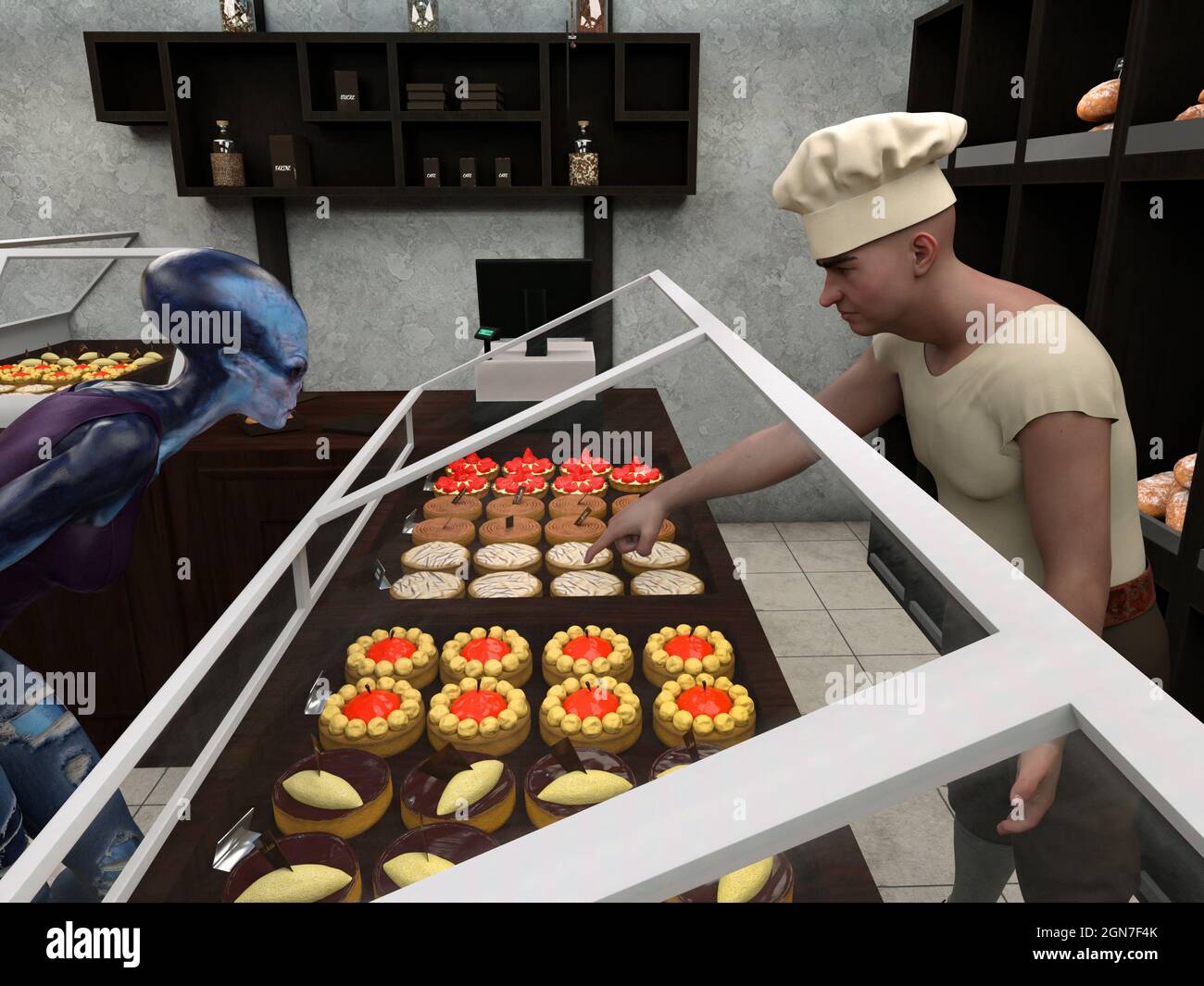 Vue rapprochée illustration 3d d'un boulanger portant une chemise et un chapeau blanc pointant vers une pâtisserie pour un client étranger dans une boulangerie. Banque D'Images