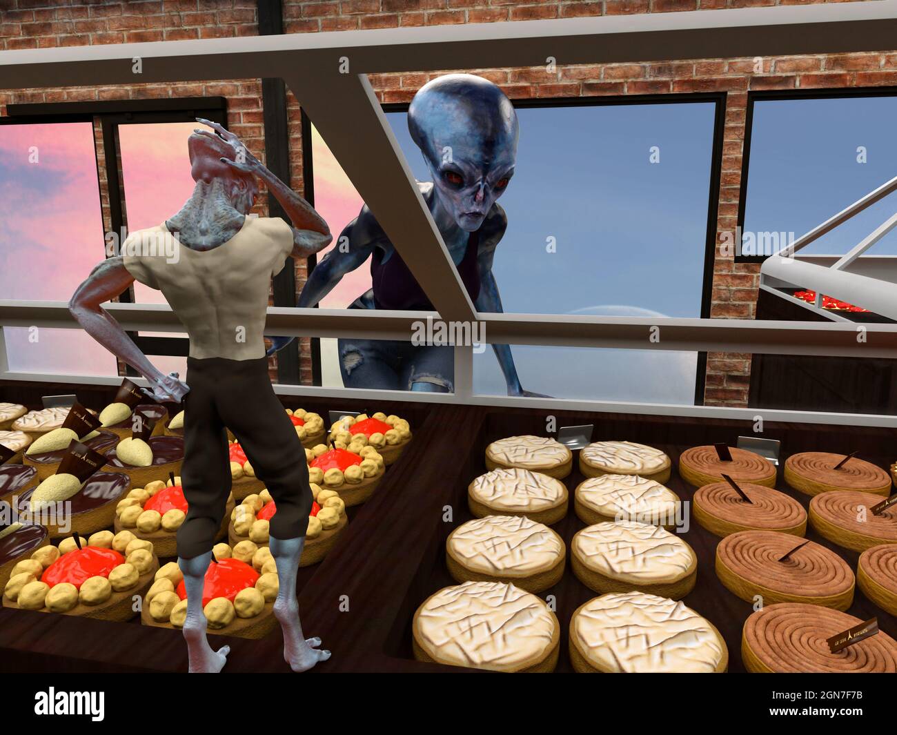 illustration 3d d'un petit boulanger extraterrestre qui se gratte la tête en attendant qu'un client étranger sélectionne une pâtisserie dans une boulangerie. Banque D'Images