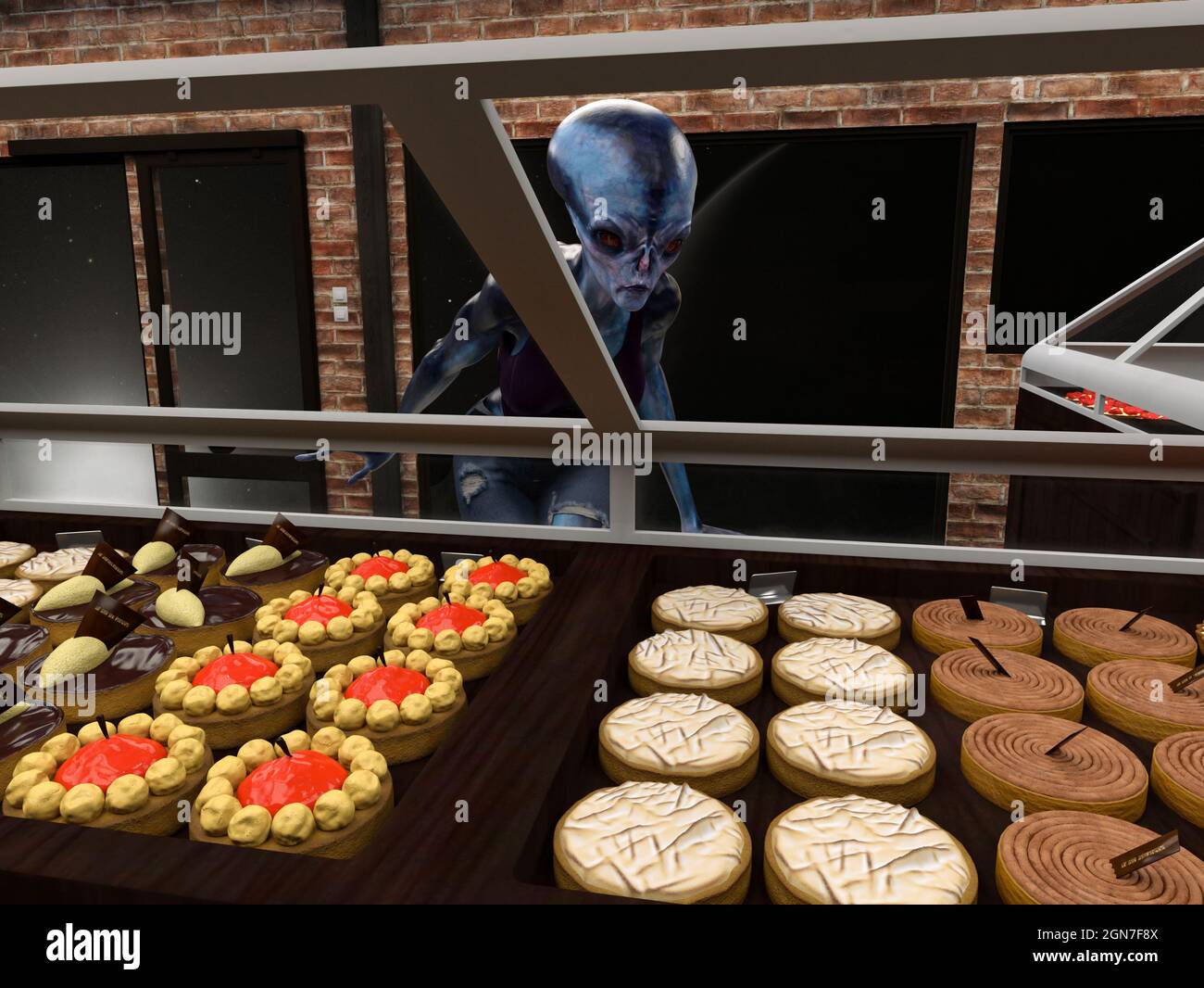 l'illustration 3d d'un extraterrestre de peau bleue semble acheter des pâtisseries dans une boulangerie avec l'espace extérieur visible à travers les fenêtres en verre. Banque D'Images