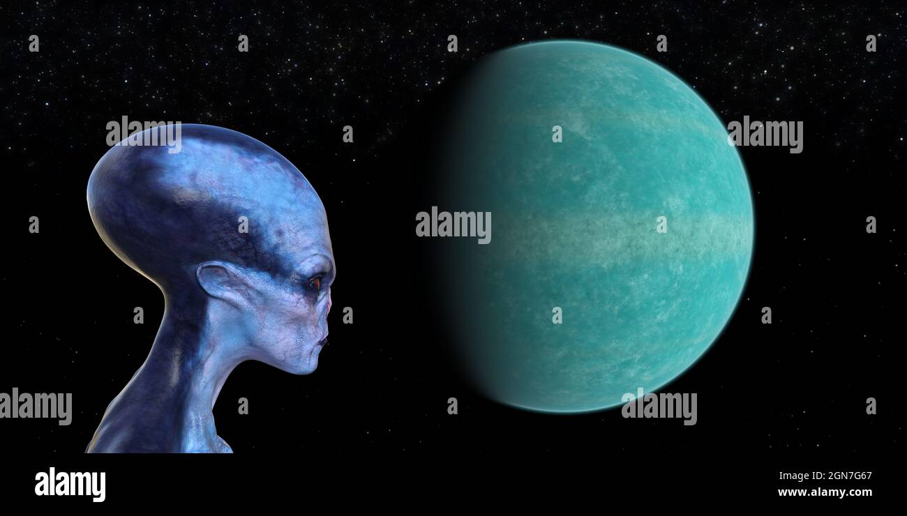 illustration 3d d'un extraterrestre bleu avec un crâne allongé dans l'espace avec une planète et des étoiles en arrière-plan. Banque D'Images