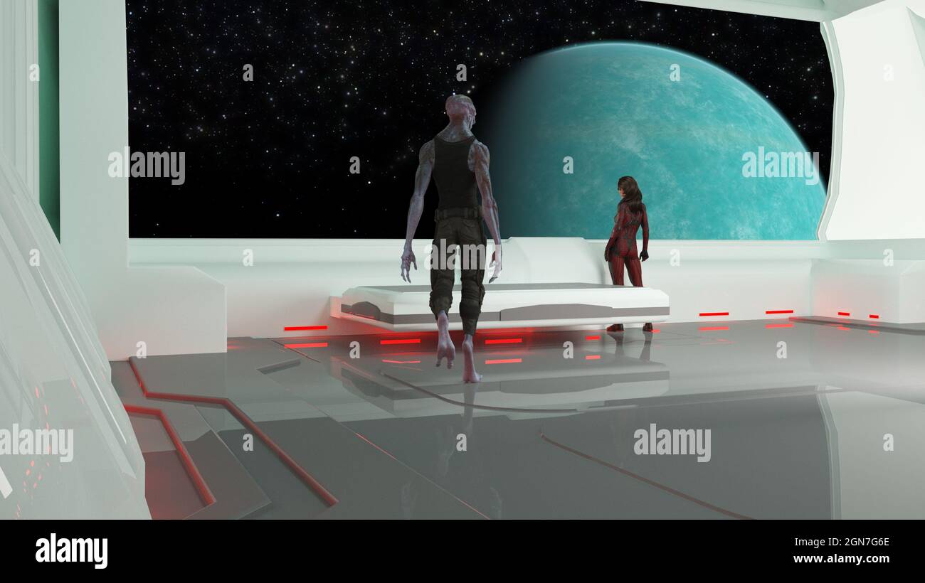 illustration 3d d'une femme regardant par une fenêtre sur une planète bleue dans l'espace avec un étranger marchant vers elle. Banque D'Images