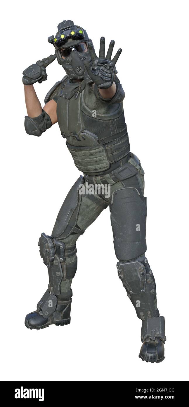 illustration en 3d d'un soldat en pleine forme, regardant vers l'avant avec une main et l'autre à sa tête en disant stop et penser isolé sur un b blanc Banque D'Images