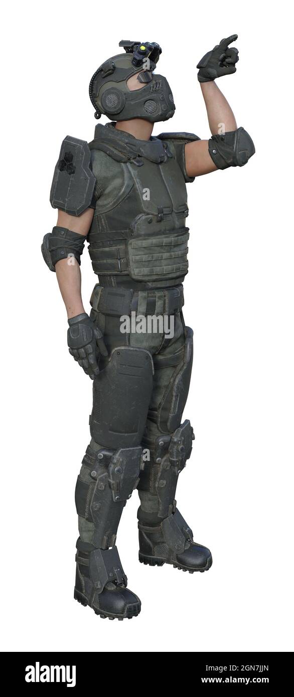 illustration en 3d d'un soldat en plein air, en regardant vers l'avant, avec un doigt pointant vers le haut, isolé sur un fond blanc. Banque D'Images