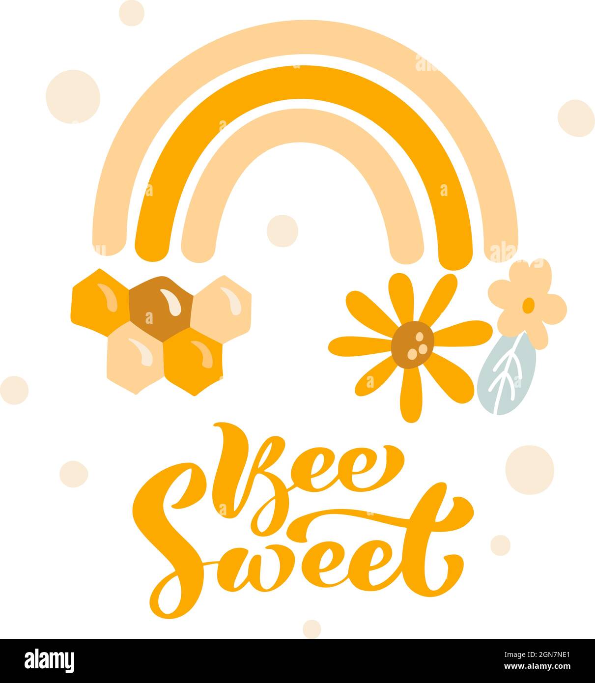 Illustration de vecteur arc-en-ciel de miel et texte calligraphique Bee Sweet. Style scandinave. Forme en nid d'abeille en forme d'arc de miel imprimé géométrique abstrait Illustration de Vecteur