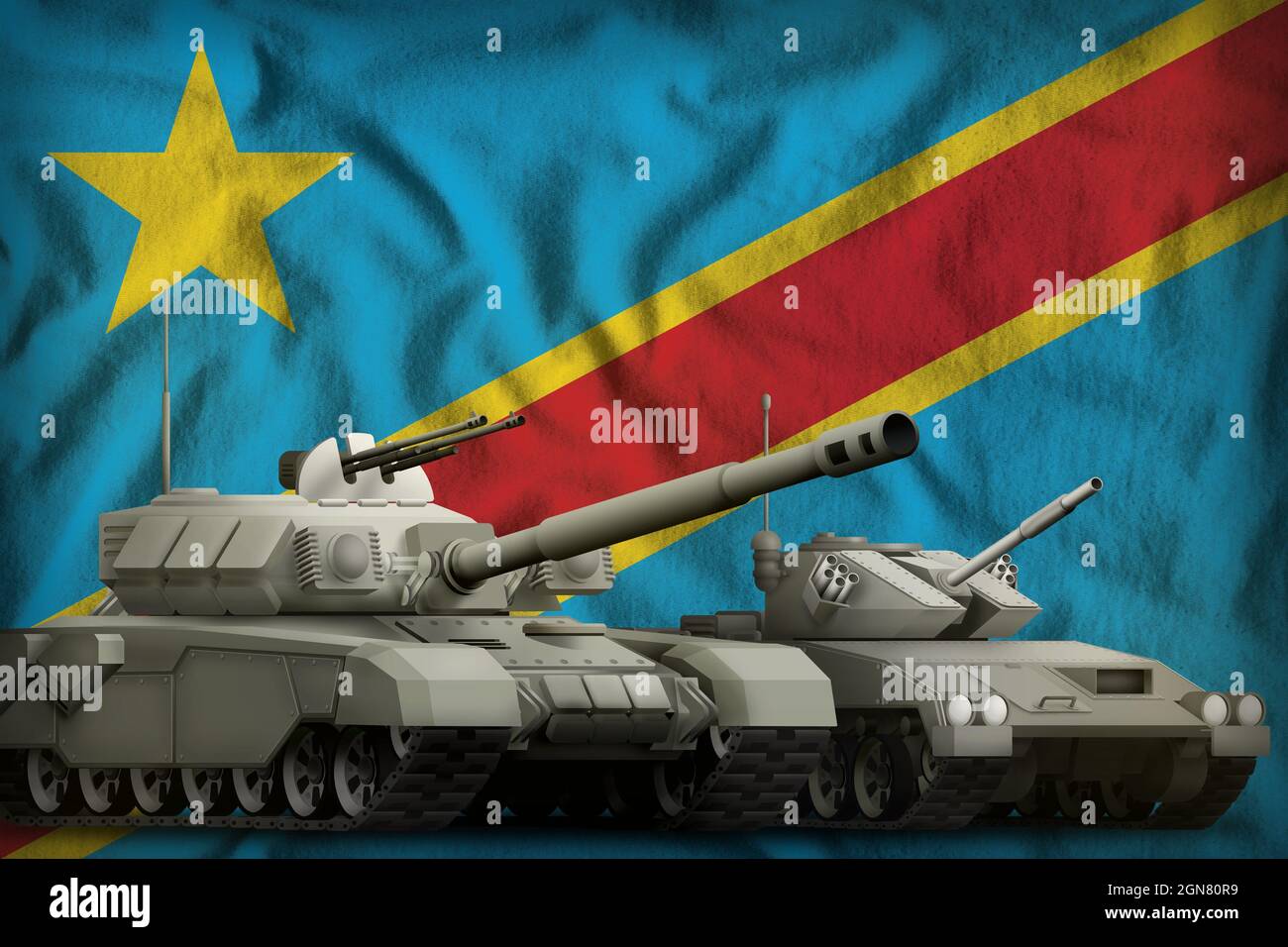 Les chars de la République démocratique du Congo ont le drapeau en arrière-plan. Concept des forces tank de la République démocratique du Congo. Illustration 3d Banque D'Images