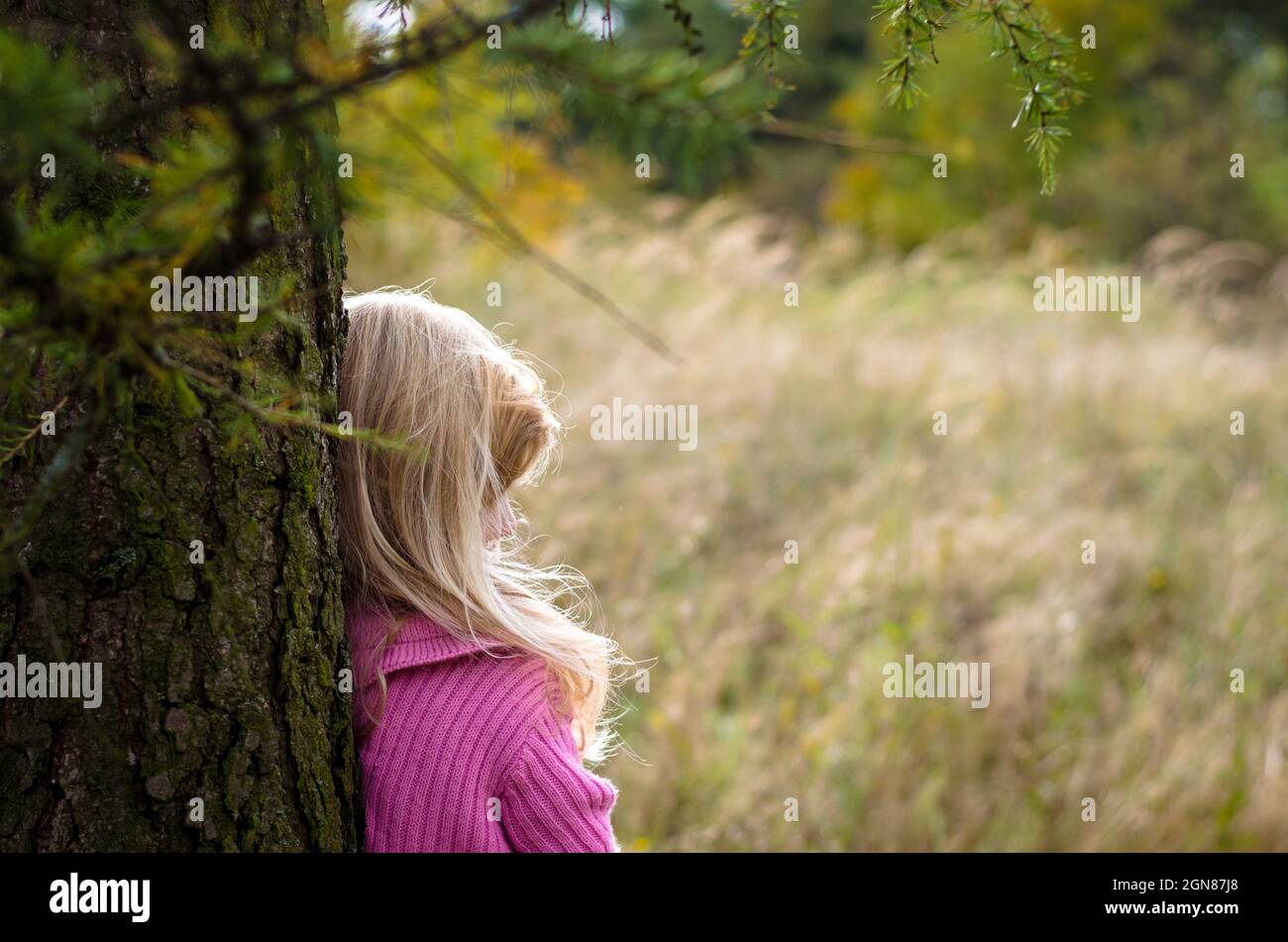 petite fille charmante seule dans la forêt d'automne Banque D'Images