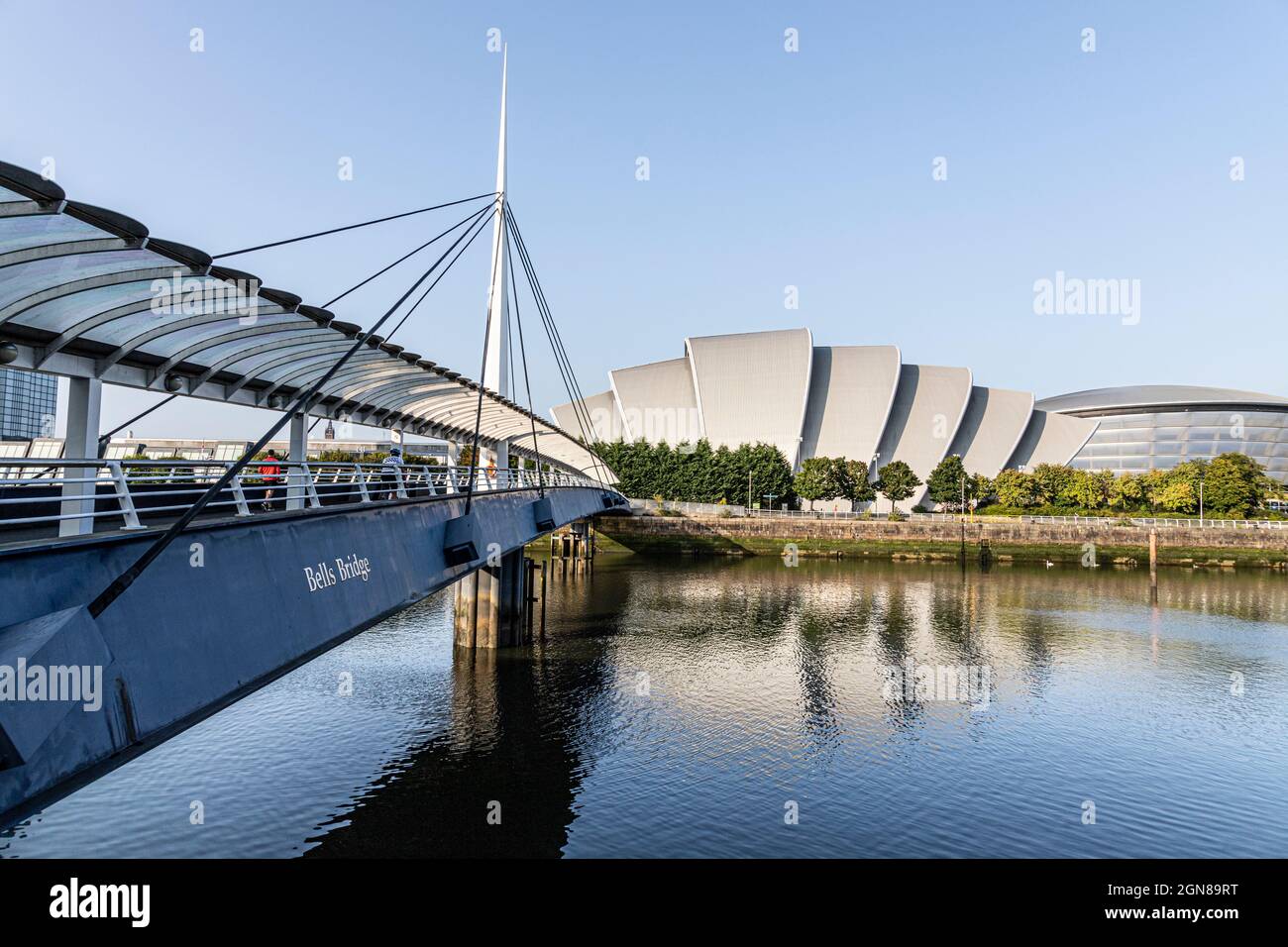 Le Scottish Event Campus (SEC) et le SSE Hydro à côté de Bells Bridge, au-dessus de la rivière Clyde, à Glasgow, en Écosse, au Royaume-Uni Banque D'Images
