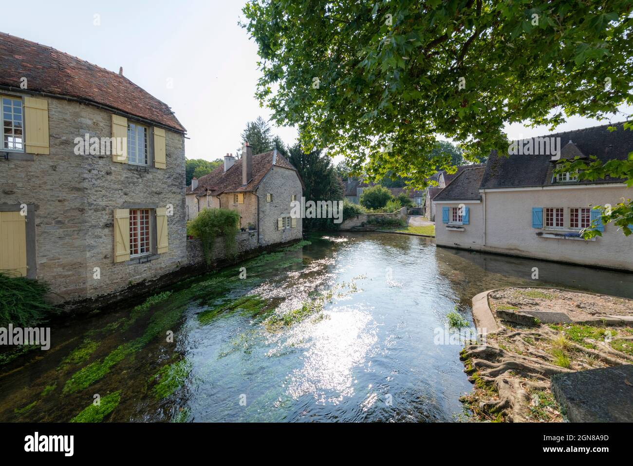 Maisons de caractère en bord de rivière à Beze, Côte-d'Or, Bourgogne, Bourgogne-Franche-Comté, France. Banque D'Images