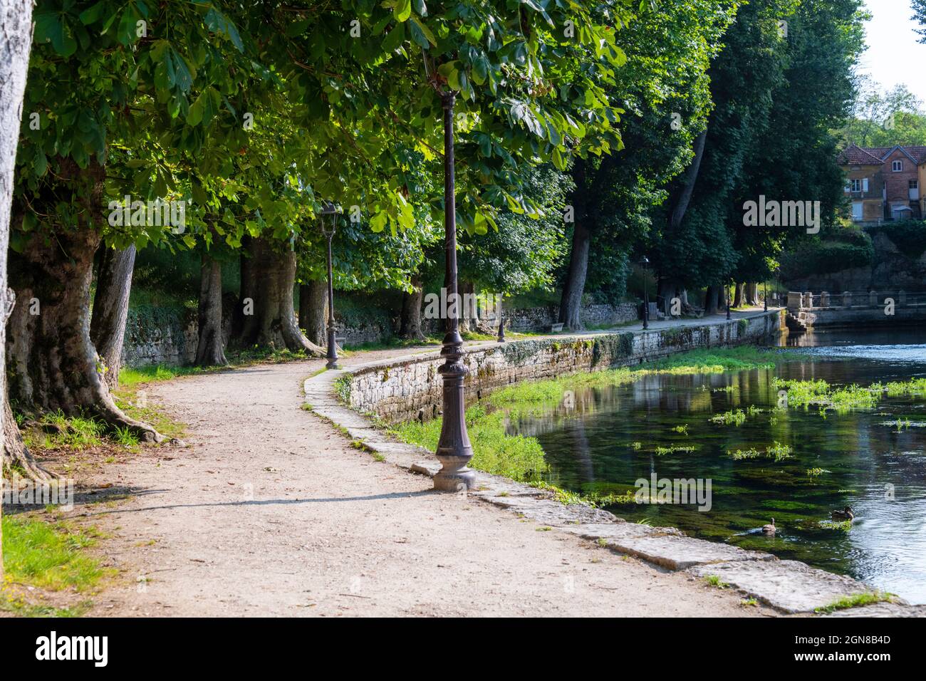 Un chemin en bord de rivière longe la rivière Beze près de sa source, Beze, Côte-d'Or, Bourgogne, Bourgogne-Franche-Comté, France. Banque D'Images