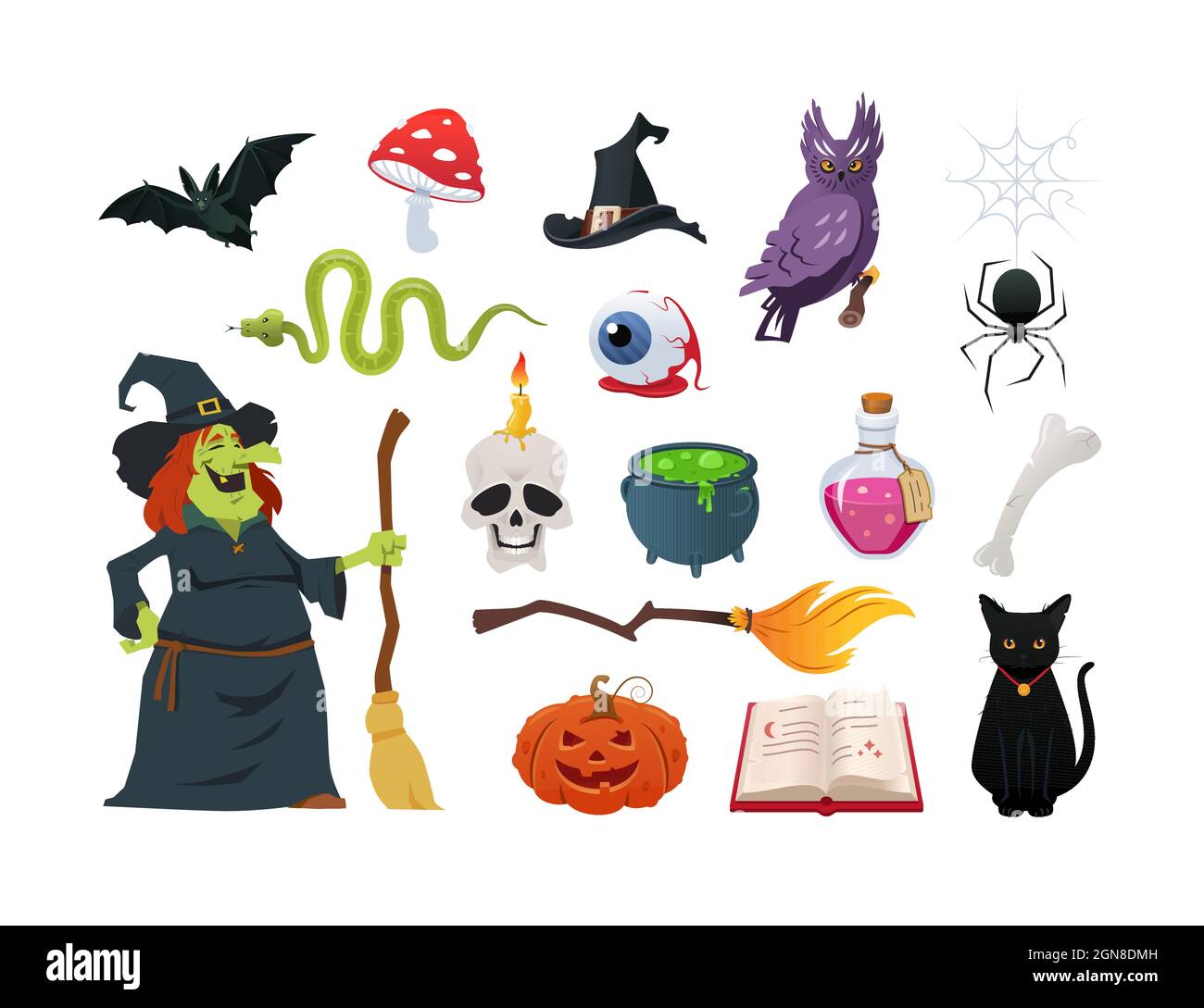 Happy Halloween - des objets de style vectoriel colorés avec des éléments de vacances d'automne traditionnels. Citrouille, chauve-souris, fangs, potion, chou-fleur, crâne, aga de mouche Illustration de Vecteur