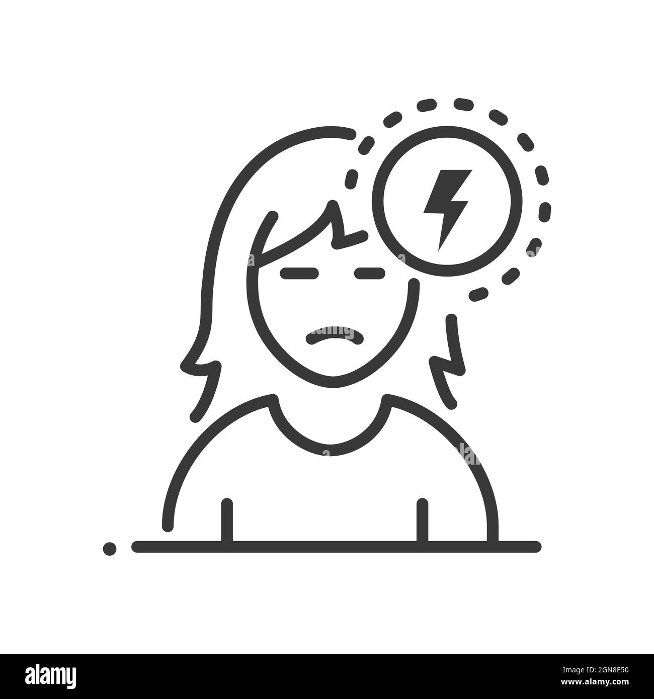 Femme stressée - Vector Line design unique icône isolée sur fond blanc. Pictogramme noir de haute qualité. Jeune fille avec de longs cheveux et fa fatigué Illustration de Vecteur