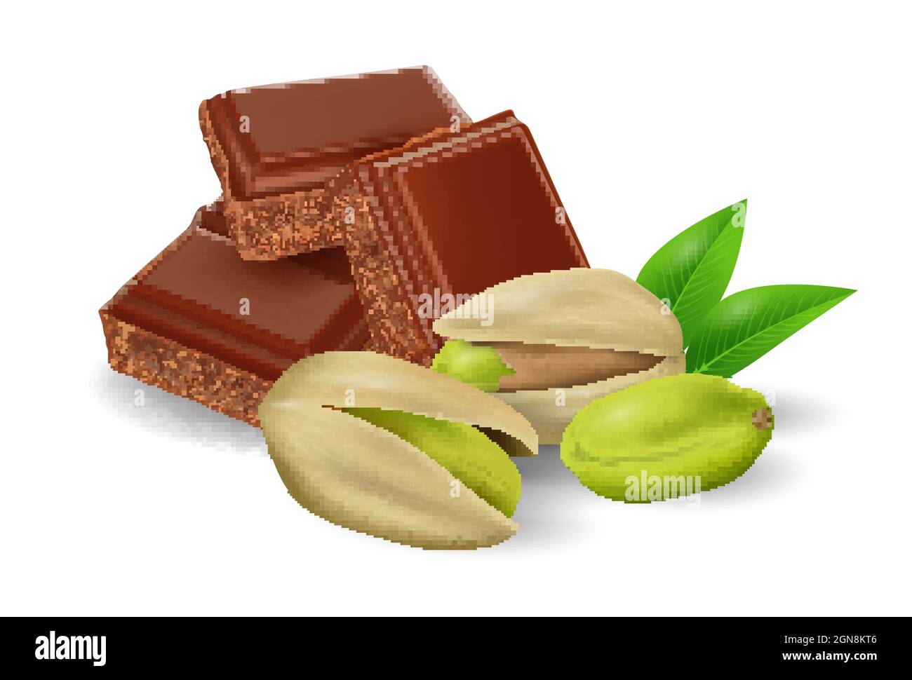 Barres de chocolat brisées avec noix de pistache sur fond blanc, illustration vectorielle réaliste gros plan Illustration de Vecteur