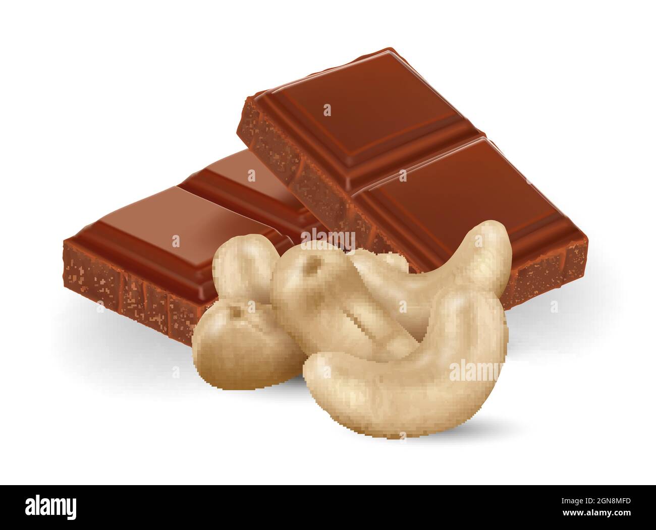 Barres de chocolat cassées avec noix de cajou sur fond blanc, illustration vectorielle réaliste en gros plan Illustration de Vecteur