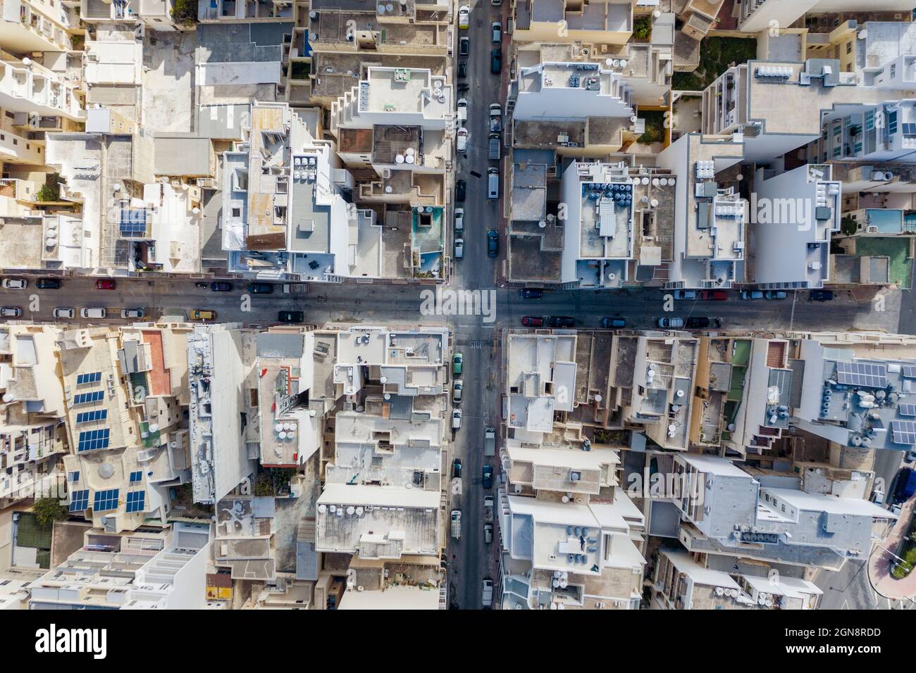 Malte, région du Nord, baie de Saint Pauls, vue aérienne des maisons entourant le carrefour Banque D'Images