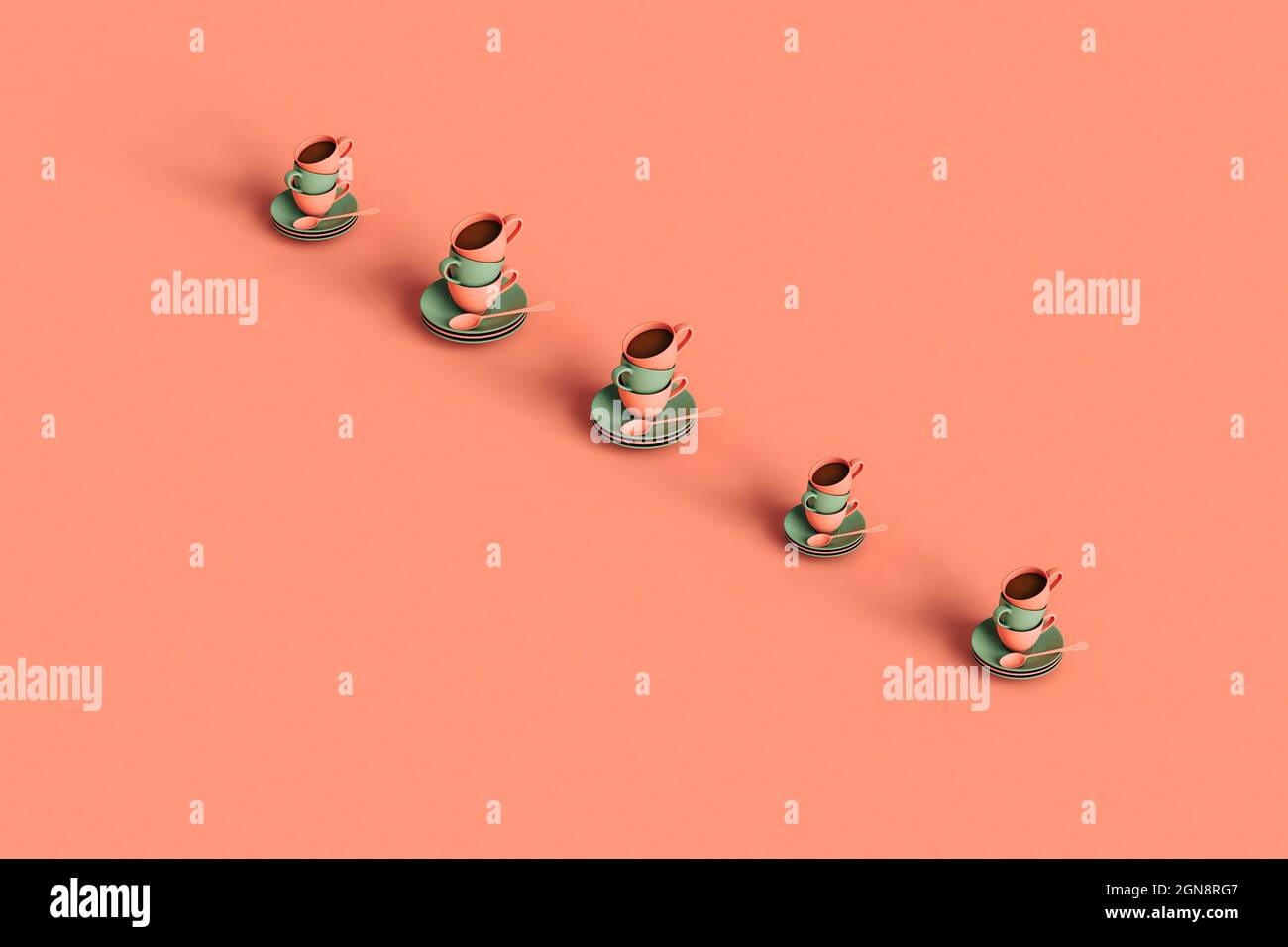Rendu tridimensionnel de la rangée de tasses à café empilées sur les plaques posées à plat sur fond rose pastel Banque D'Images