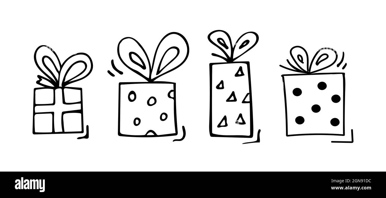 Vecteur dessiné à la main avec des cadeaux brillants. Style de dessin animé. Illustration de Vecteur