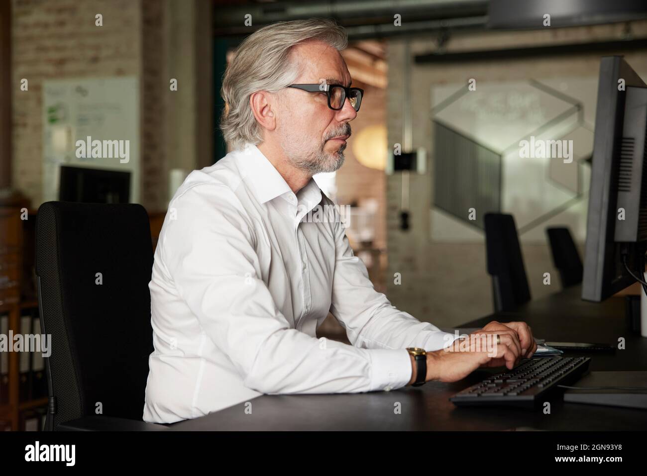 Homme d'affaires avec cheveux gris travaillant sur ordinateur dans le bureau Banque D'Images