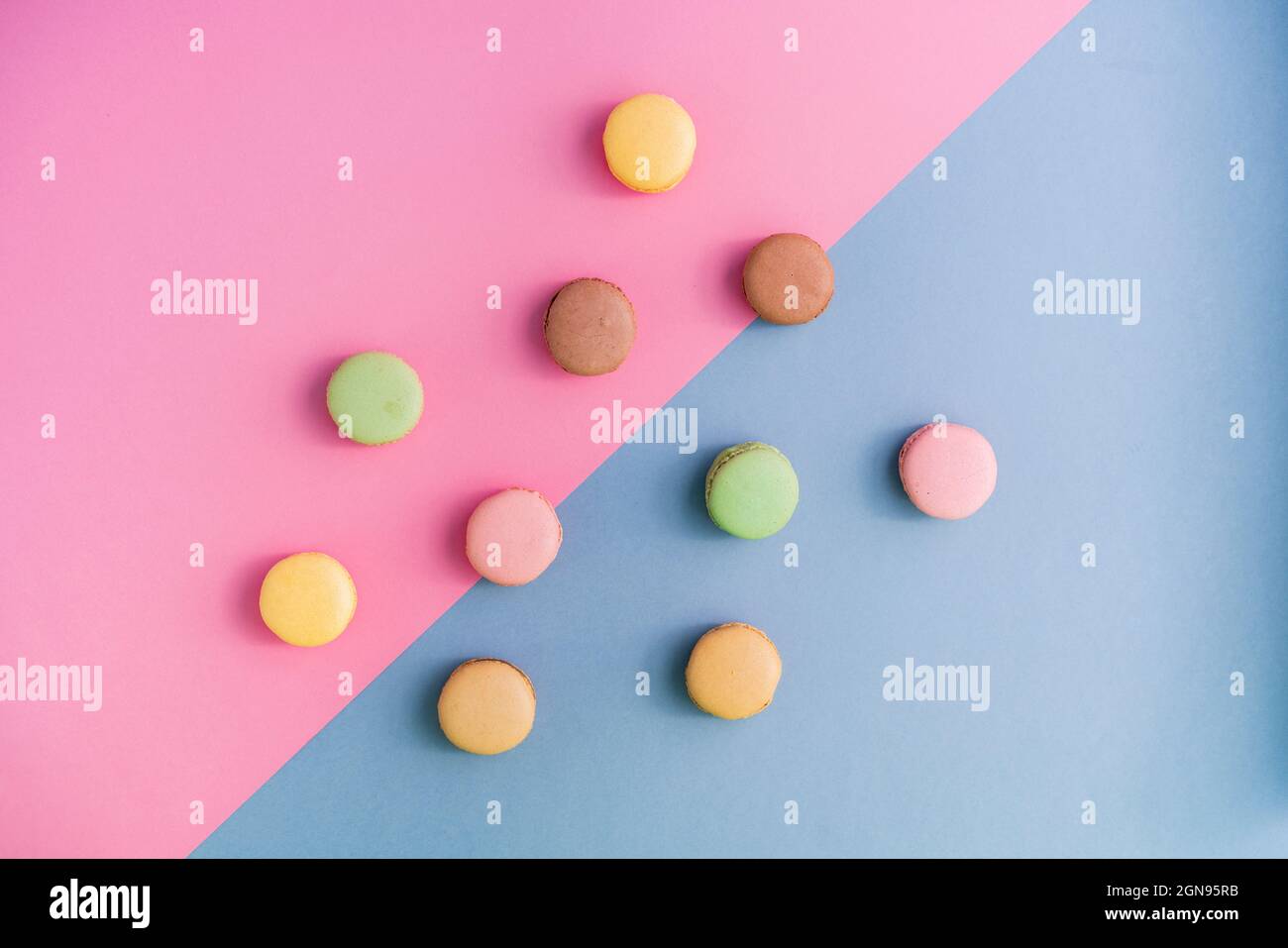 Studio photo de biscuits macarons pastel posés à plat sur fond rose et bleu Banque D'Images